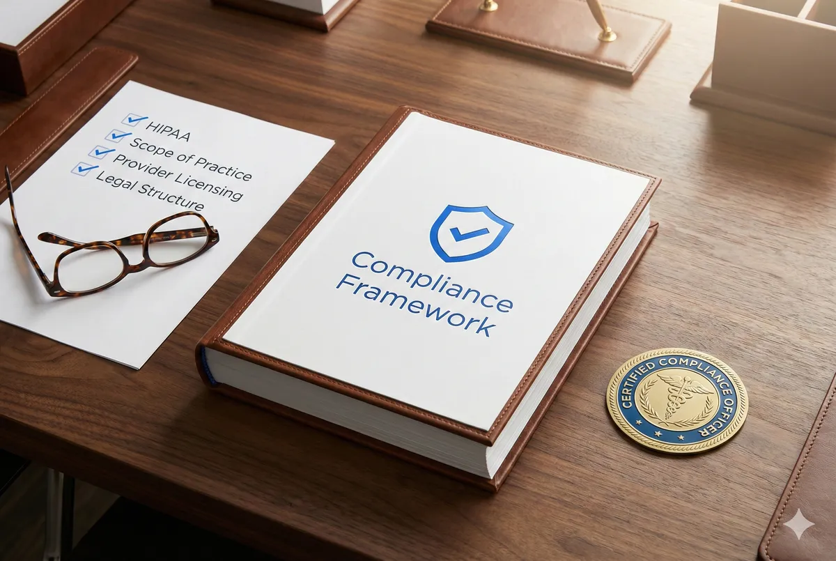 Compliance shield representing HIPAA and legal framework built in